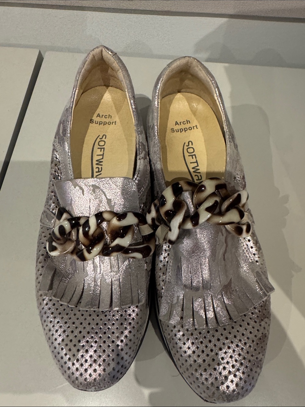 SoftWalk Metallic Silver Loafers with Tortoiseshell Chain and Fringe
